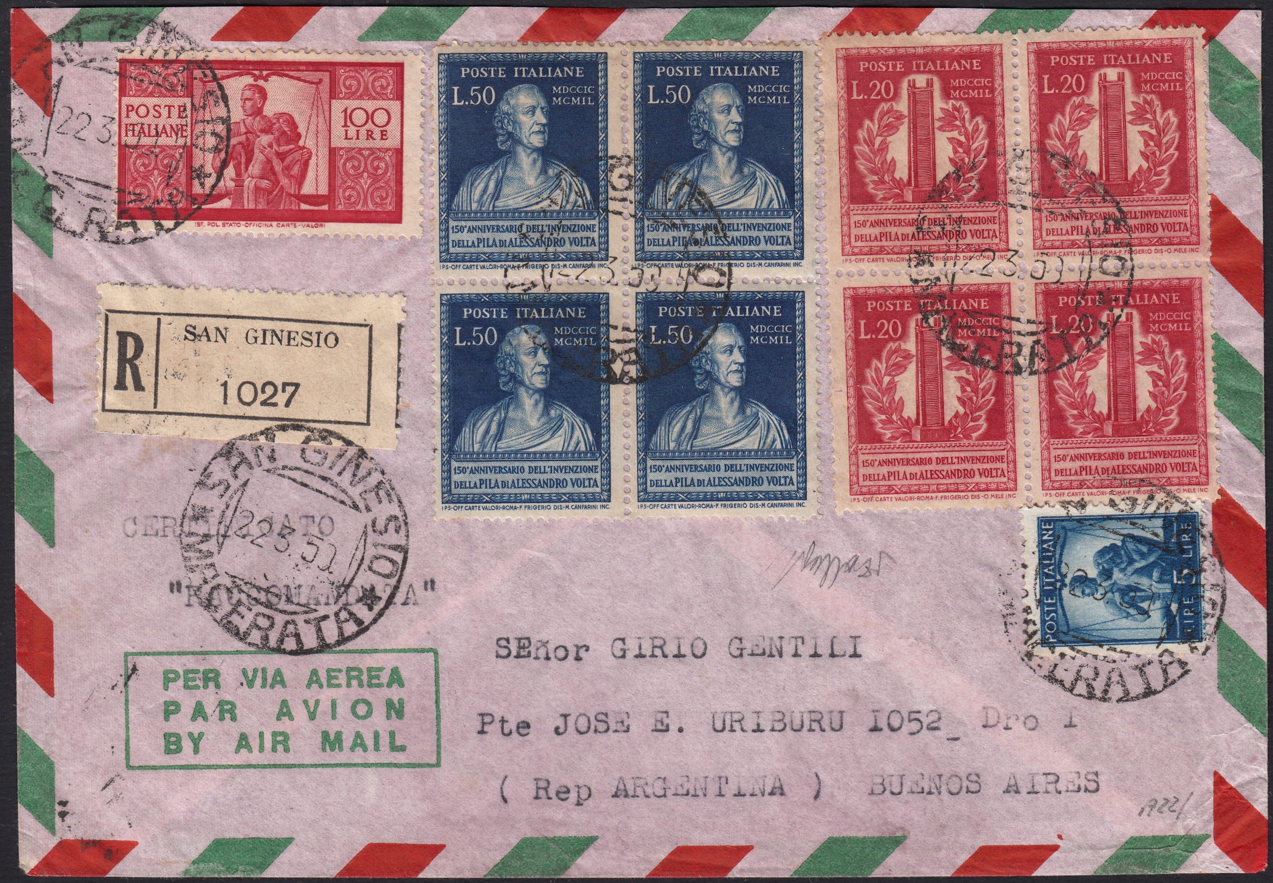 T141 - 1951 - Lettera spedita da San Ginesio per Buenos Aires 22/5/51 affrancata con Democratica L. 5 azzurro + L. 100 carminio vivo + Volta serie completa in blocchi di 4 (13/I+25/I+76+77)