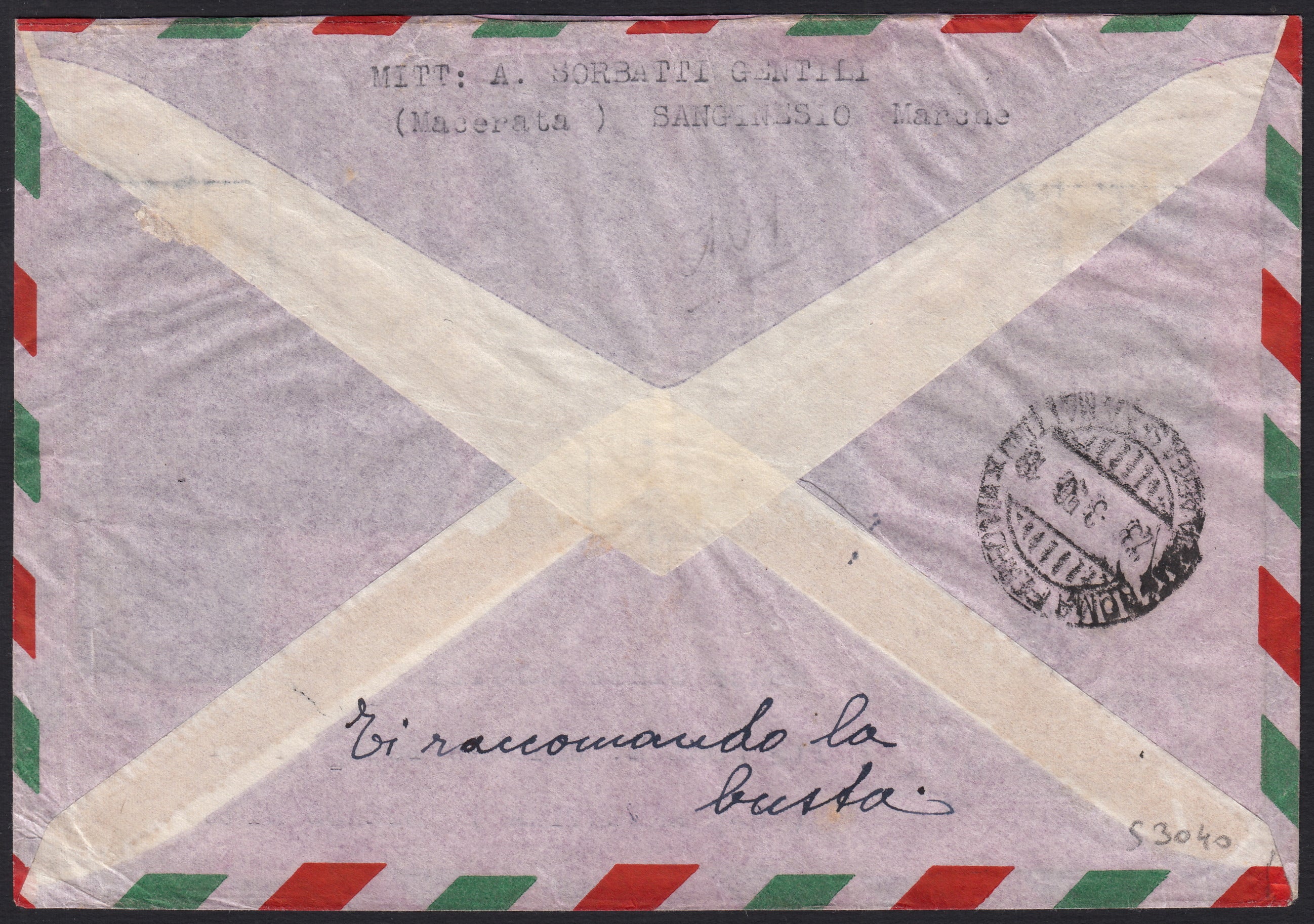 T141 - 1951 - Lettera spedita da San Ginesio per Buenos Aires 22/5/51 affrancata con Democratica L. 5 azzurro + L. 100 carminio vivo + Volta serie completa in blocchi di 4 (13/I+25/I+76+77)