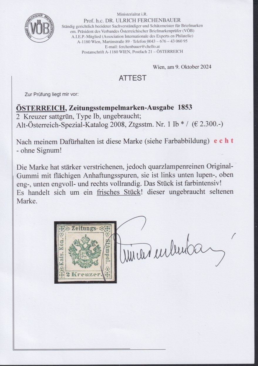 T156 - Segnatasse per Giornali, 2kr, verde scuro I sottotipo nuovo con gomma originale, raro e splendido (1)