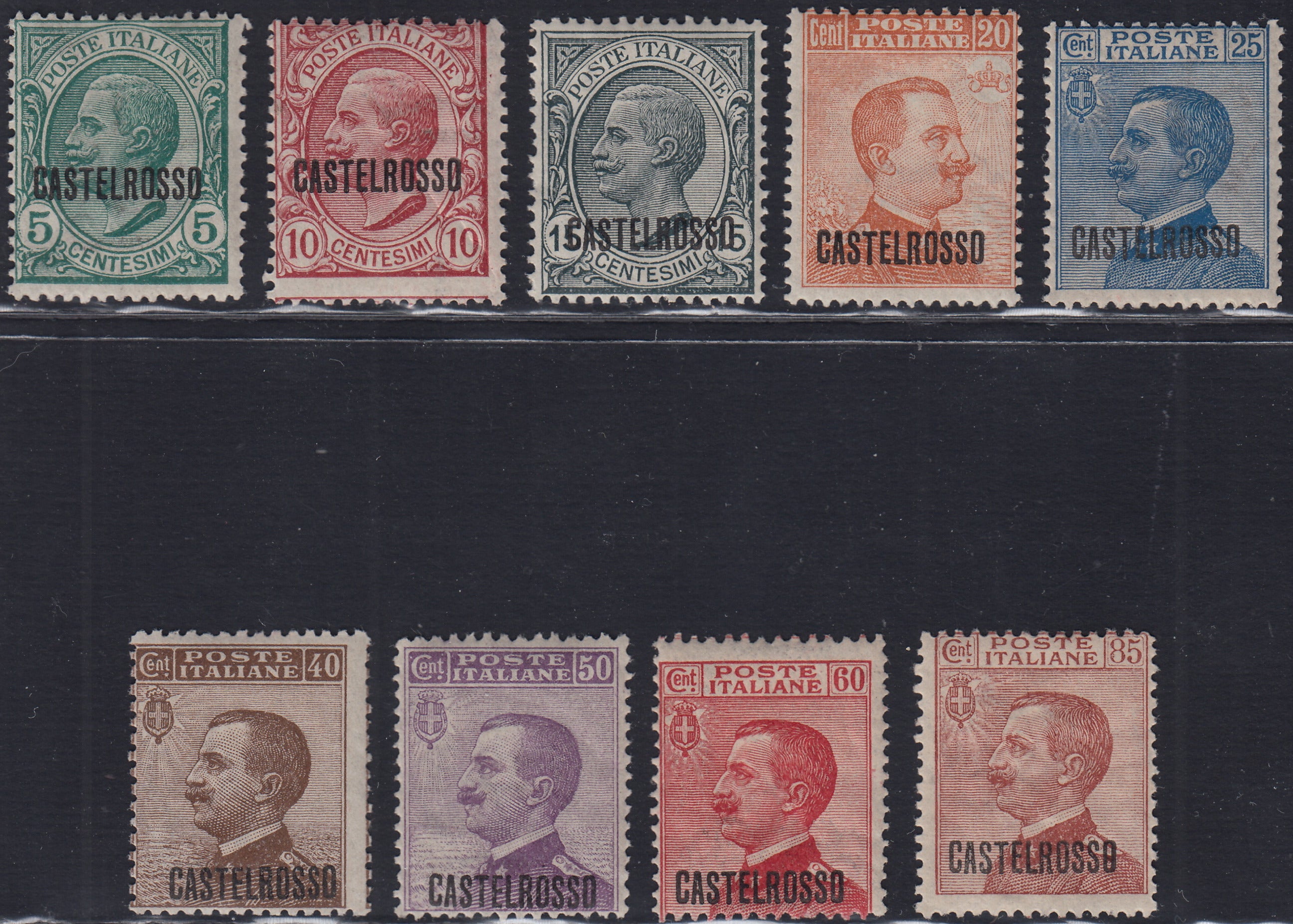 T162 - 1922 - Francobolli ordinari d'Italia soprastampati CASTELROSSO, serie completa di 9 valori nuova con gomma (1/9)