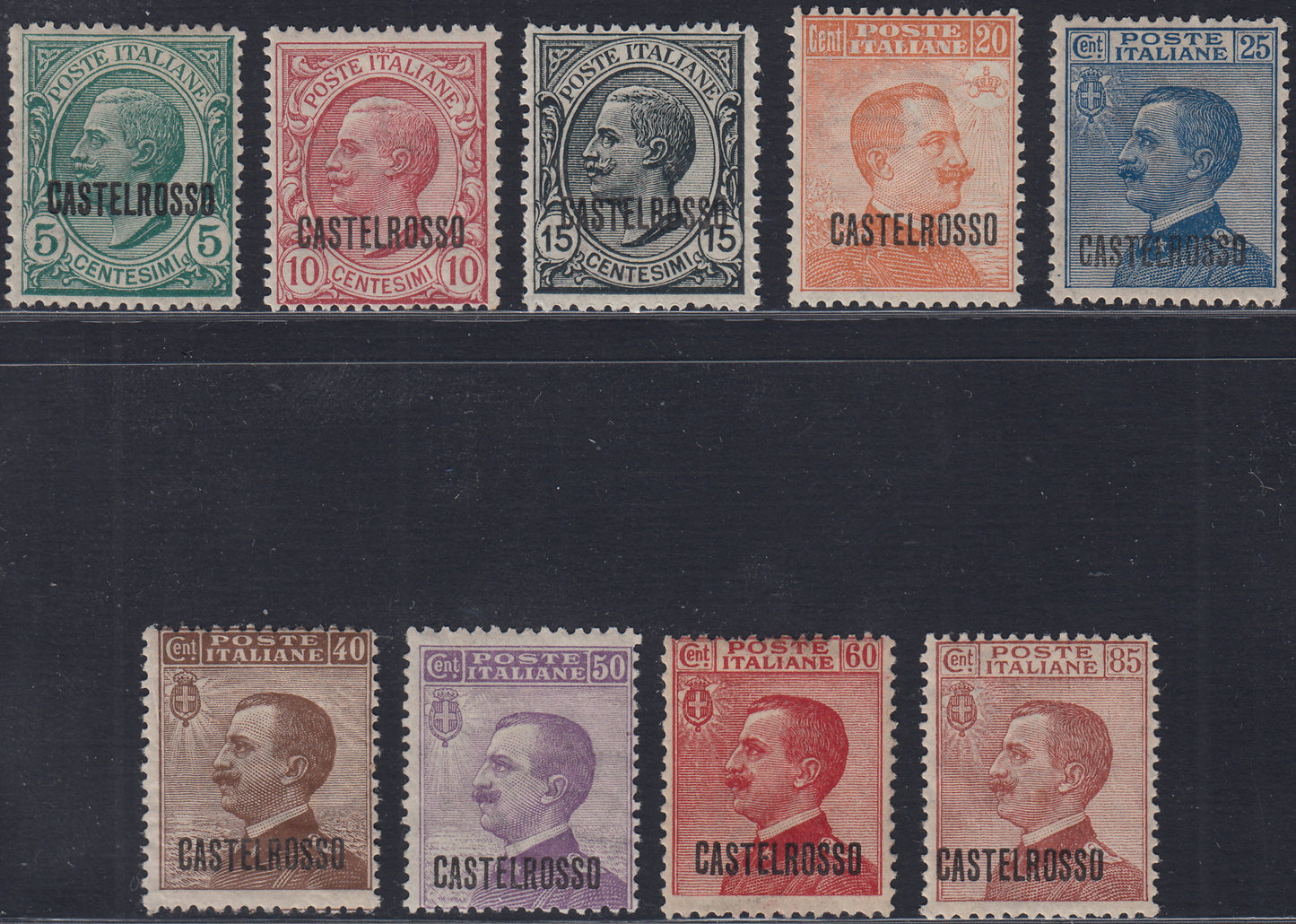 T164 - 1922 - Francobolli ordinari d'Italia soprastampati CASTELROSSO, serie completa di 9 valori nuova con gomma (1/9) (Copia) (Copia)