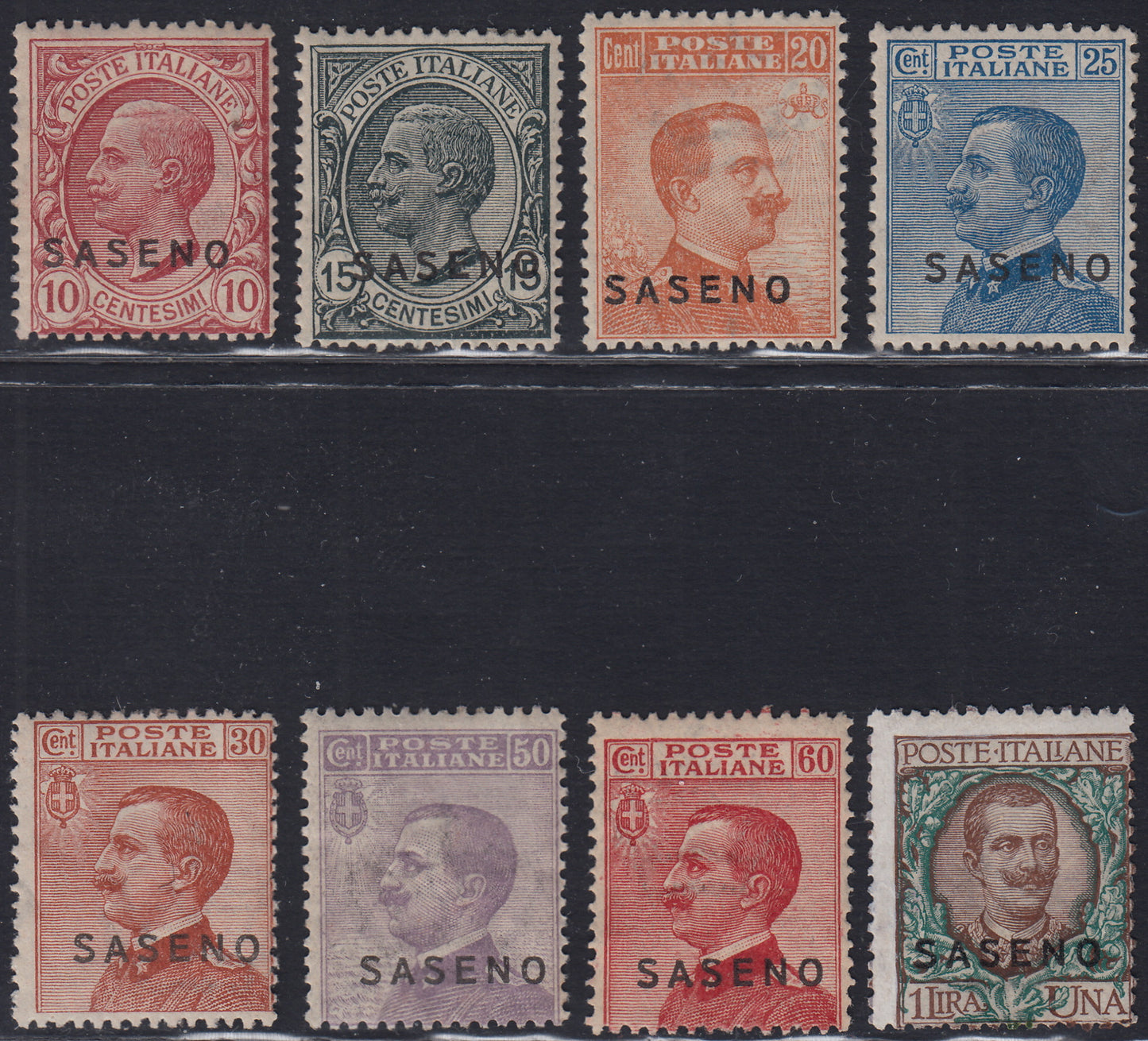T167 - 1923 - Saseno, francobolli d'Italia soprastampati, serie di otto valori nuova con gomma (1/8)