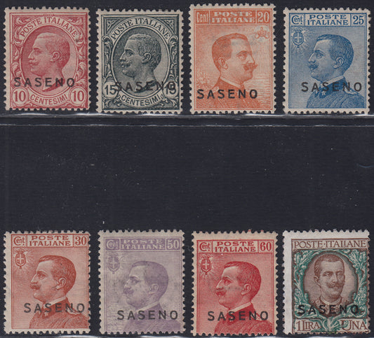 T167 - 1923 - Saseno, francobolli d'Italia soprastampati, serie di otto valori nuova con gomma (1/8)