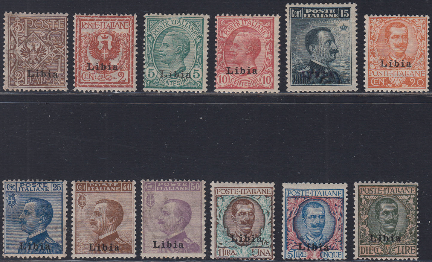 T172 - 1912/15 - Francobolli ordinari di Regno soprastampati "Libia", serie completa di 12 valori nuova con gomma (1/12)