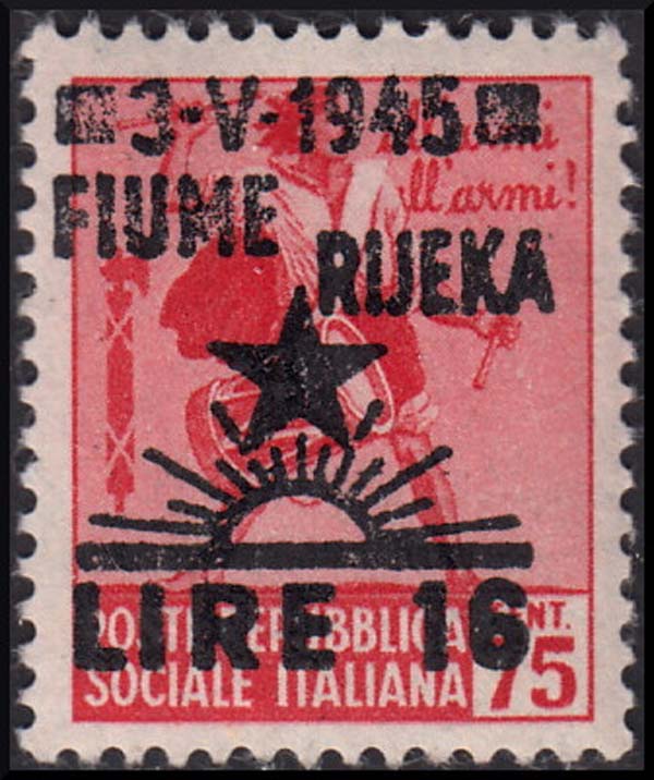 T209 - 1945 - Occupazione Jugoslava di Fiume, 16L. su 75c. rosa carminio nuovo con gomma integra, senza filigrana (21)