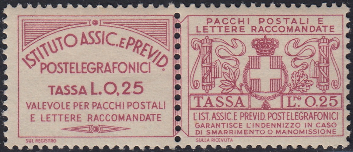T26_10 - 1936 - Francobolli assicurativi e previdenza Postetelegrafonici, c. 25 rosso violetto nuovo con gomma integra (11)