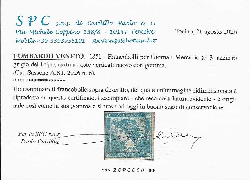 T26_110 - 1851 - Newspapers, blue-gray mercury (c. 3) vertical ribbed paper new with gum (6)