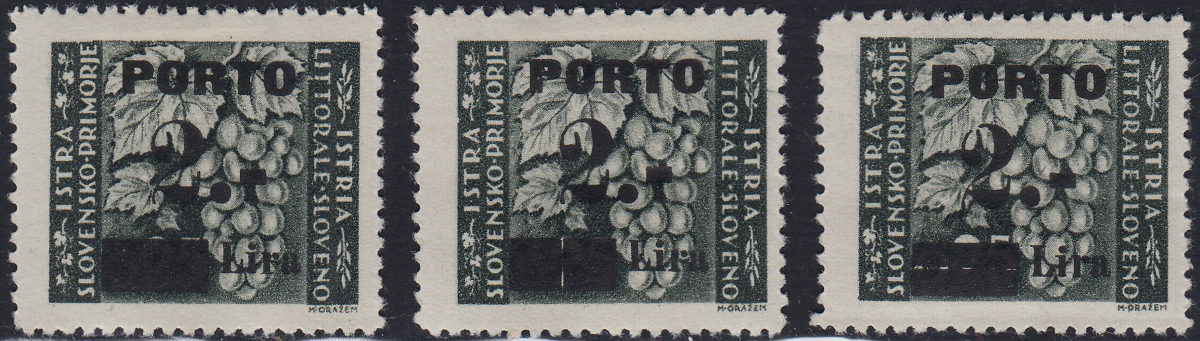 T26_111 - 1946 - Segnatasse soprastampate "Porto" e nuovo valore, 2L. su 25c. grigio oliva "coda curva" tre differenti tasselli nuove gomma originale (15A/I, 15A/II, 15A/III)