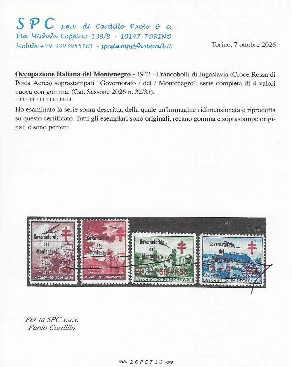 T26_130 - 1942 - Croce Rossa di Jugoslavia soprastampata "Governorato del Montenegro", serie di 4 valori nuovi gomma originale (32/35)