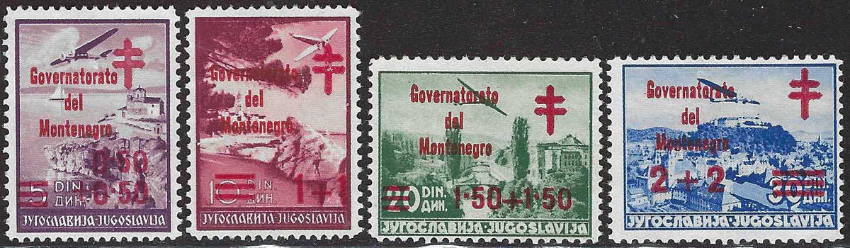 T26_131 - 1942 - Croce Rossa di Jugoslavia soprastampata "Governorato del Montenegro" in rosso, serie di 4 valori nuovi senza gomma (36/39)
