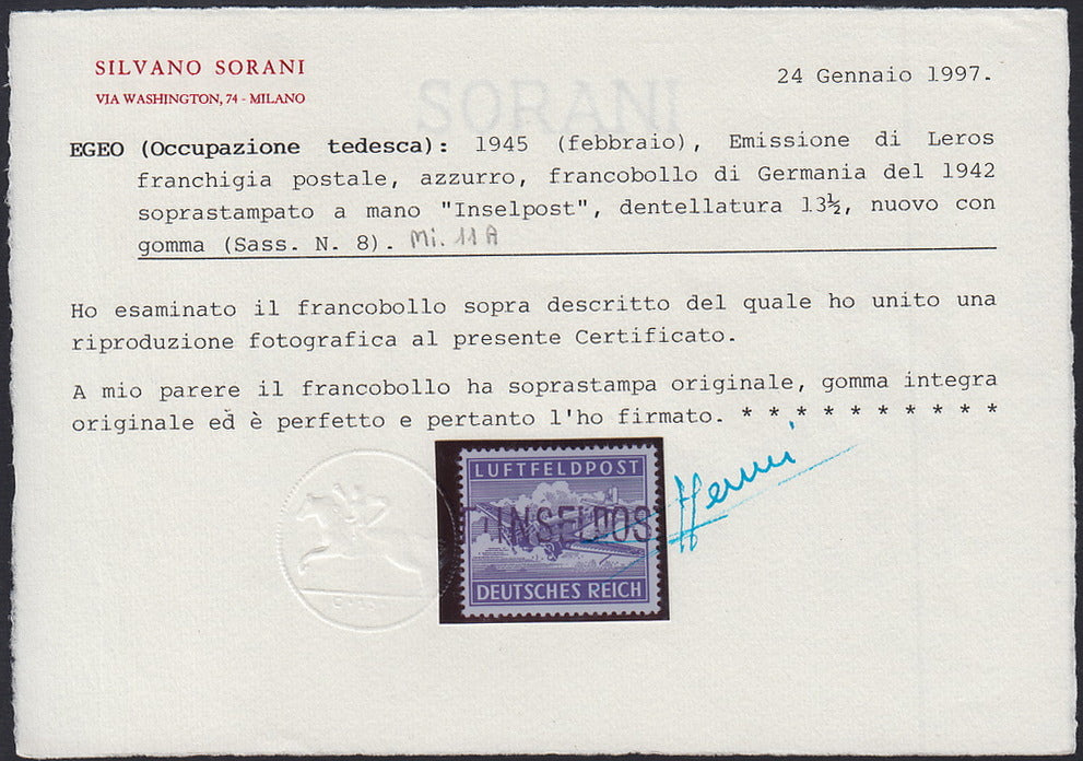 EOT6 - 1945 - Ocupación alemana del Egeo, sello militar en relieve azul claro con diseño en zig-zag y sobreimpresión INSELPOST en lila claro, edición de LEROS, caucho nuevo intacto (7A) 