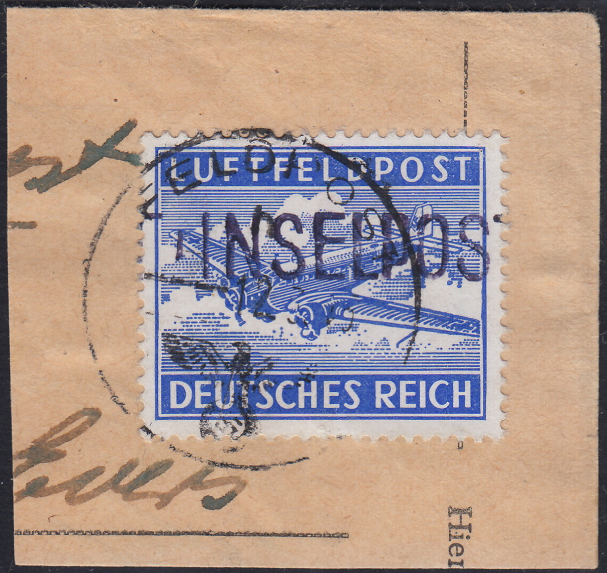 T26_30 - 1945 - Occupazione tedesca dell'Egeo, francobollo di franchigia militare celeste dentellatura 13 1/2 e soprastampa INSELPOST (emissione di LEROS) usato su frammento (8)