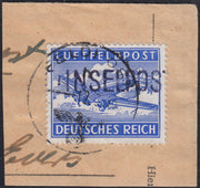 T26_30 - 1945 - Occupazione tedesca dell'Egeo, francobollo di franchigia militare celeste dentellatura 13 1/2 e soprastampa INSELPOST (emissione di LEROS) usato su frammento (8)