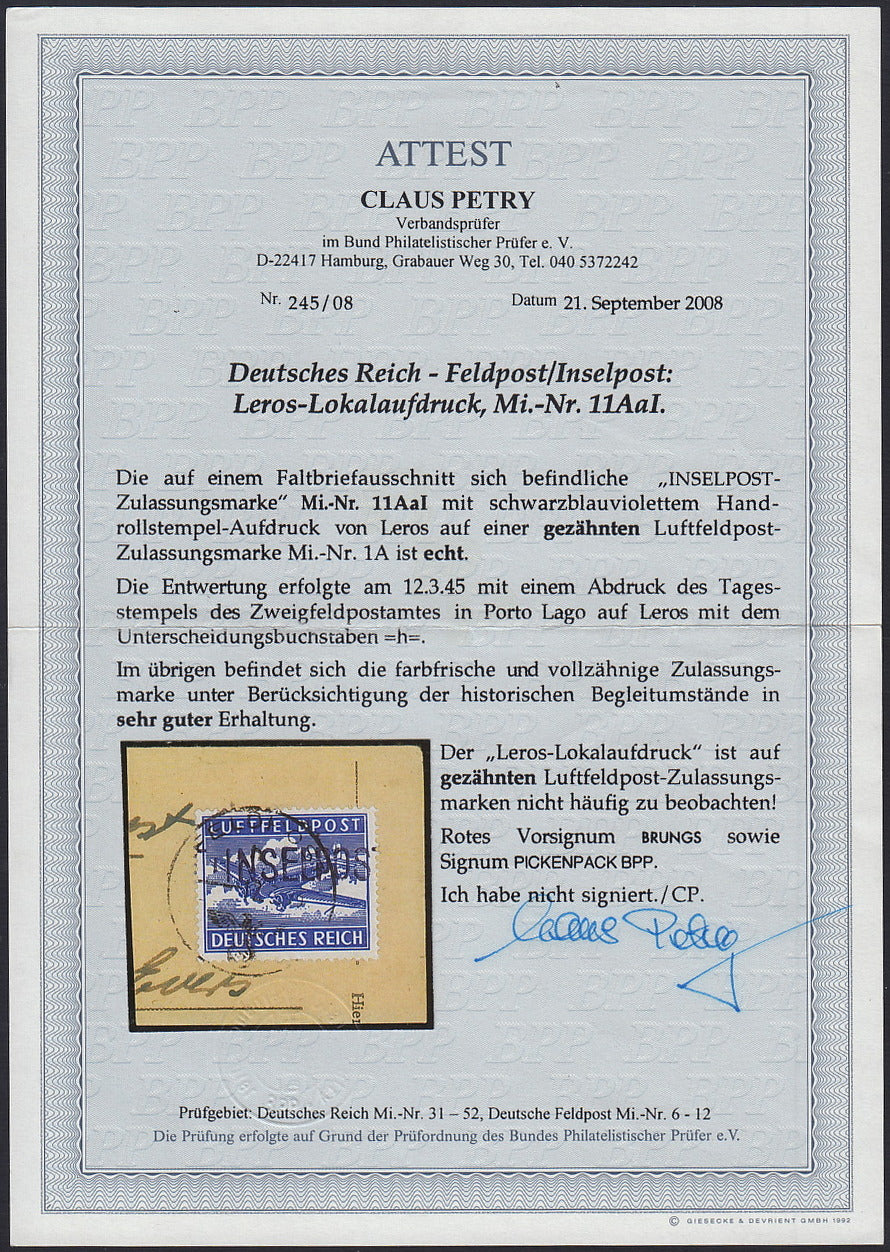 T26_30 - 1945 - Occupazione tedesca dell'Egeo, francobollo di franchigia militare celeste dentellatura 13 1/2 e soprastampa INSELPOST (emissione di LEROS) usato su frammento (8)