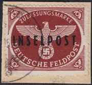 EOT6 - 1945 - Ocupación alemana del Egeo, sello militar en relieve azul claro con diseño en zig-zag y sobreimpresión INSELPOST en lila claro, edición de LEROS, caucho nuevo intacto (7A) 