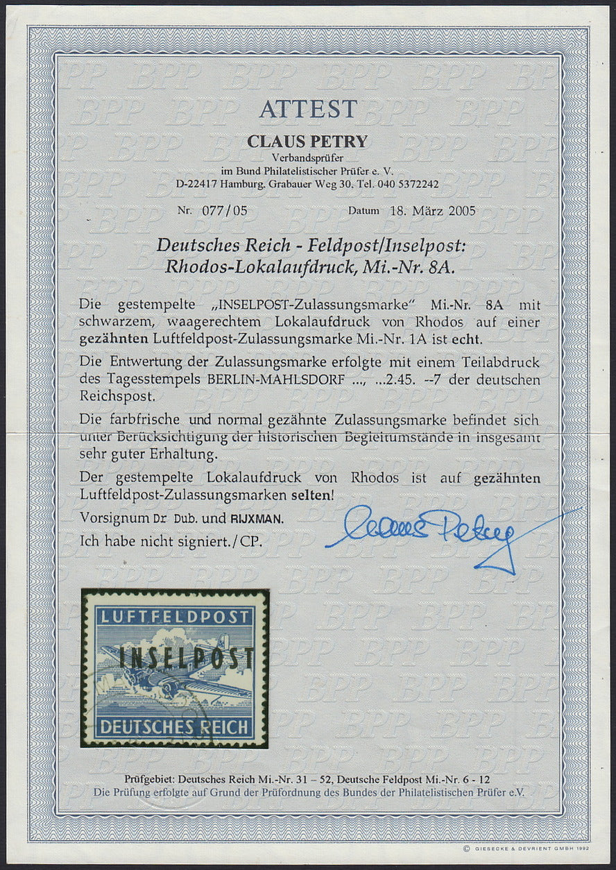 T26_33 - 1945 - Occupazione tedesca dell'Egeo, francobollo di franchigia militare celeste dentellatura 13 1/2 e soprastampa INSELPOST (emissione di RODI) usato (4)