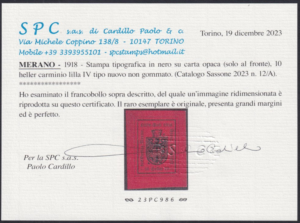 T26 - 1918 - Emissione stampa in nero su carta ruvuda e opaca, IV tipo 10 heller carminio lilla (colore diverso) nuovo non gommato (12/A)