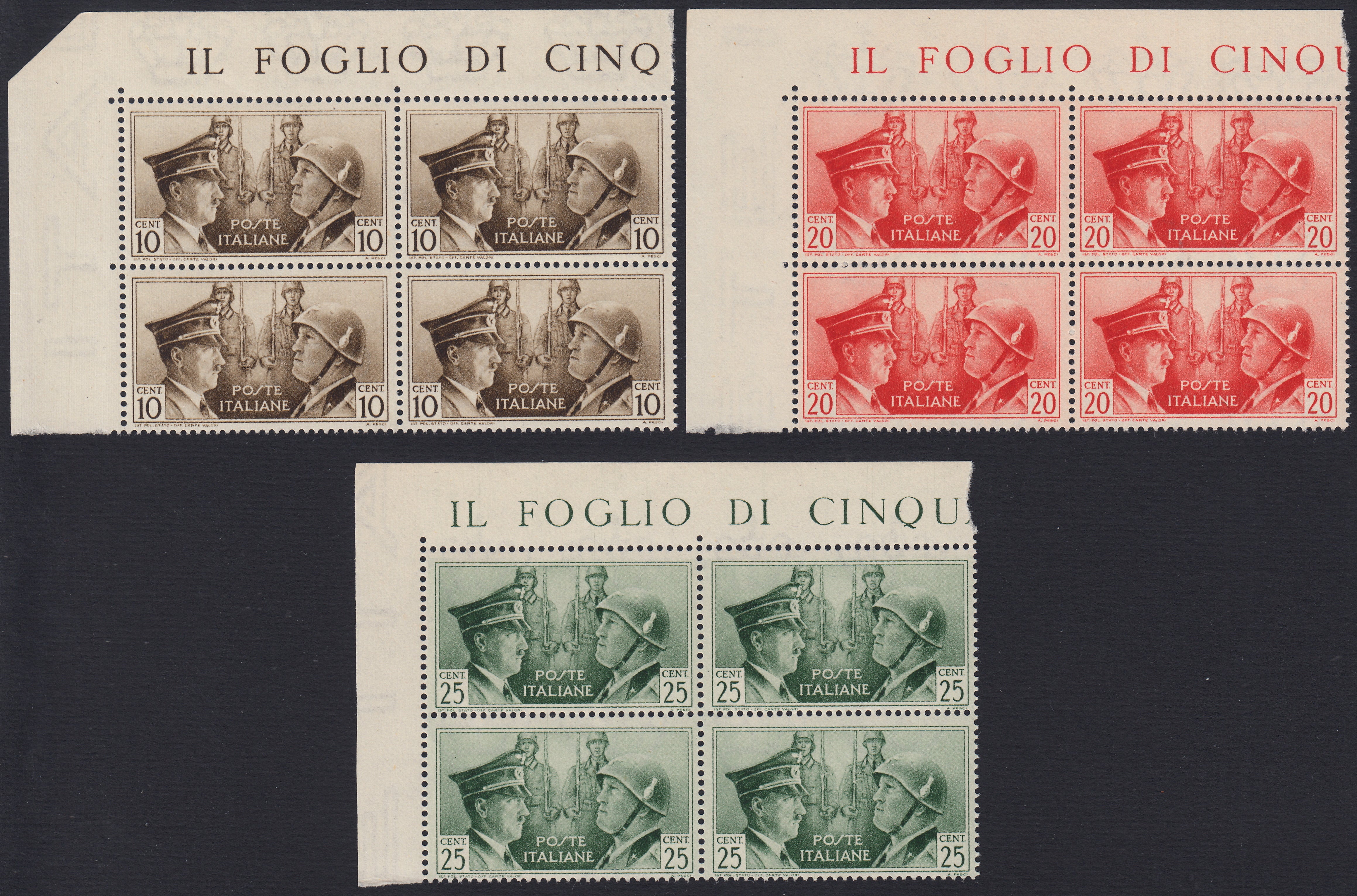 T26_41 - 1941 - Fratellanza d'armi italo-tedesca, NON EMESSI, serie completa in quartine angolo di foglio gomma integra (457A,457B, 457C)