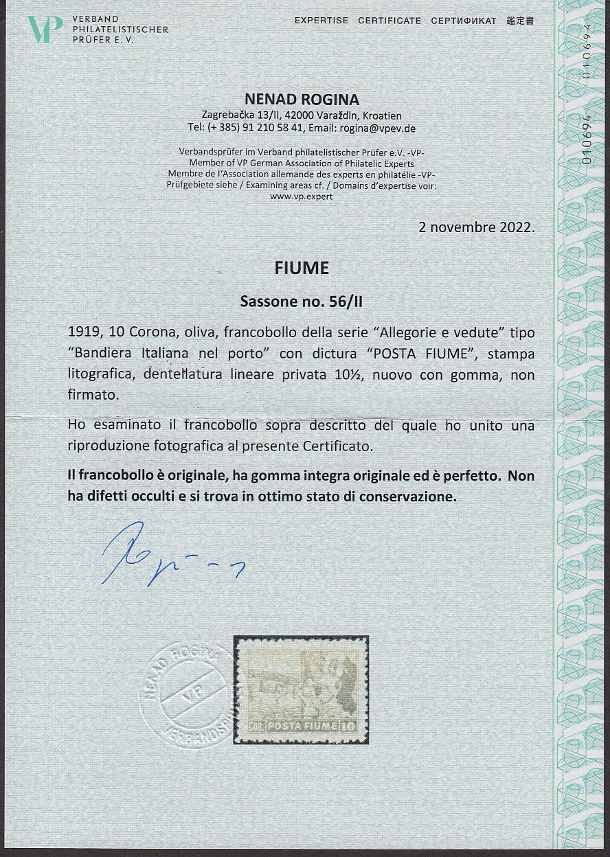 ZZ760 - Hungarian stamp from the Reapers series, 6 blue-green fillers with FUME (instead of FIUME) overprint, new (7d)