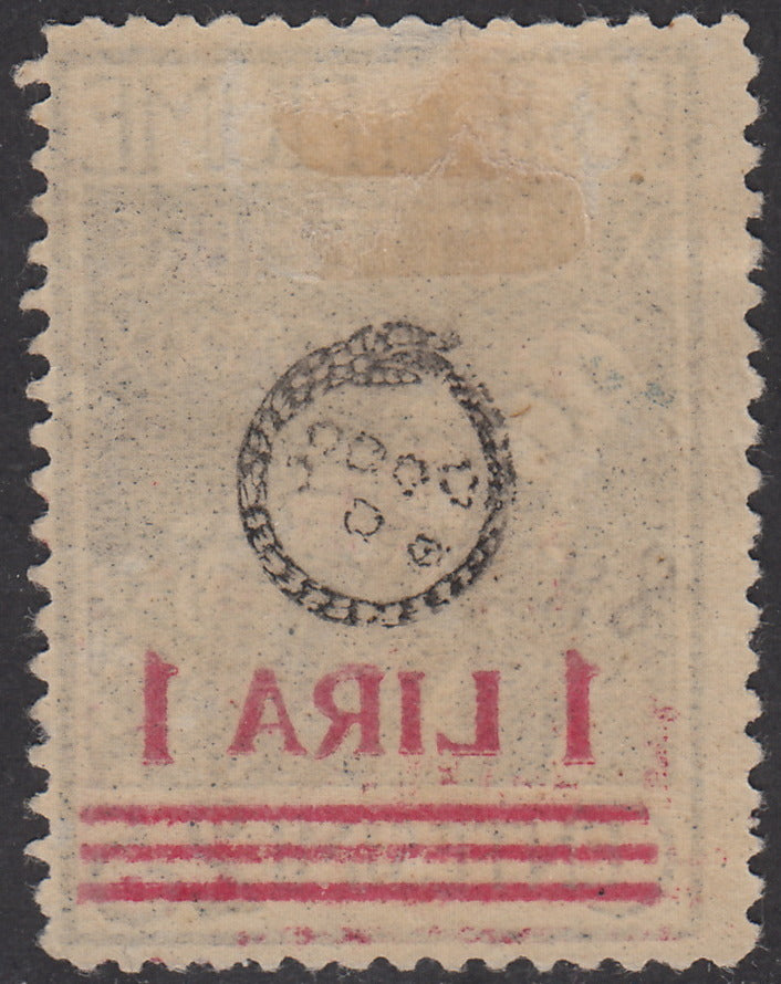 T35 - 1920 - Legionari soprastampati Reggenza Italiana del Carnaro, 1L. su 25c. azzurro con decalco della cifra nuovo con gomma (148abb)