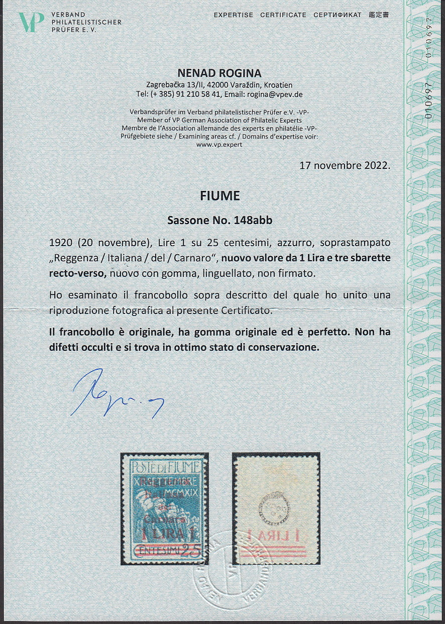 T35 - 1920 - Legionari soprastampati Reggenza Italiana del Carnaro, 1L. su 25c. azzurro con decalco della cifra nuovo con gomma (148abb)