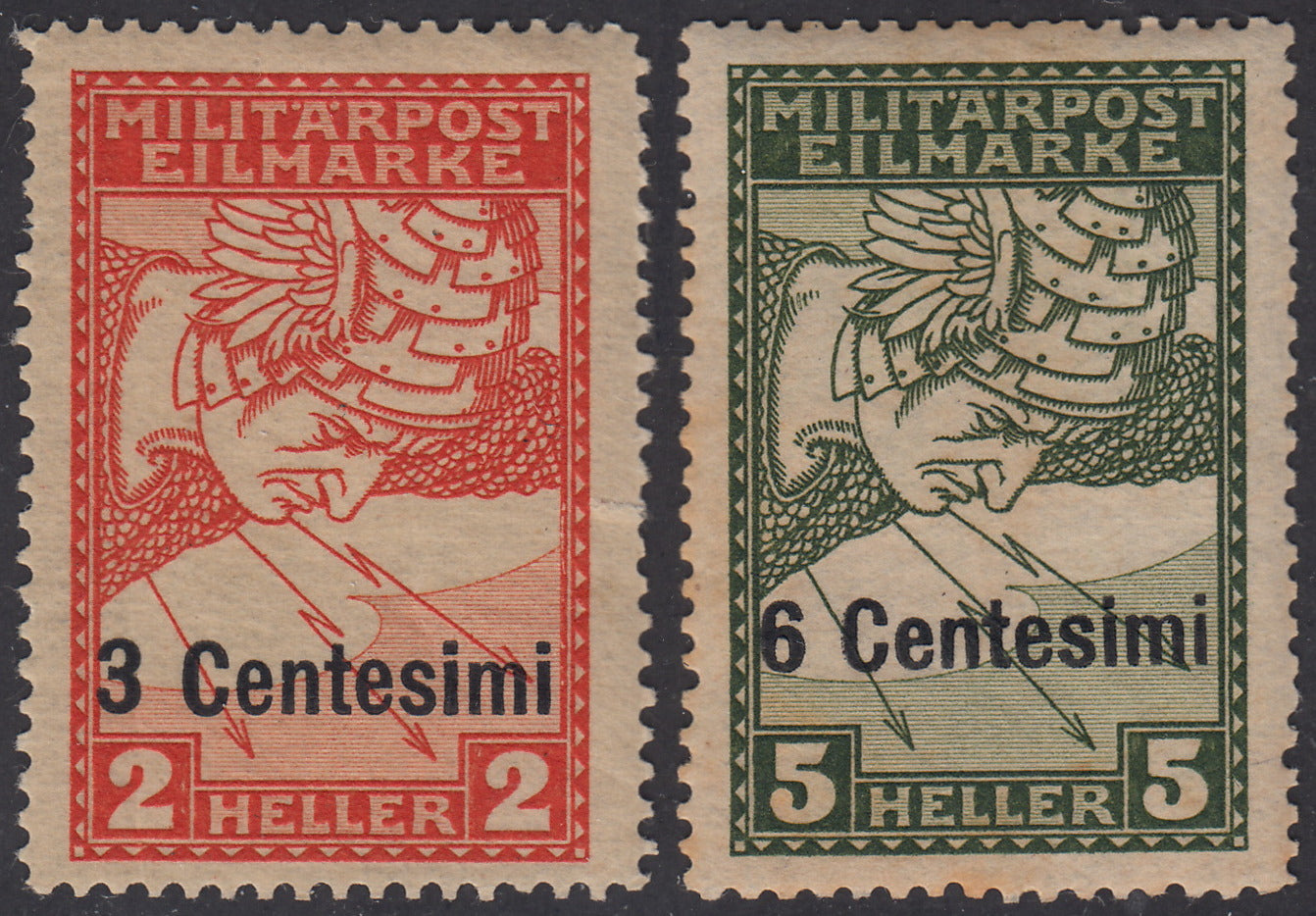 T56 - 1918 -  Occupazione Austriaca del Friuli e del Veneto, Espressi di Bosnia soprastampati "3 cent." rosso e "6 cent." verde oliva nuovi con gomma (1, 2)