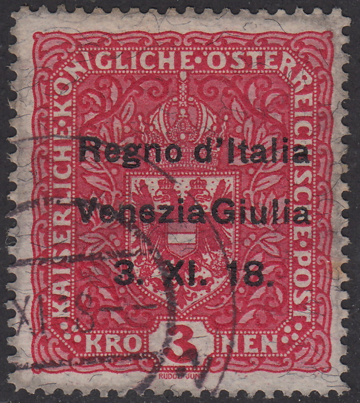 T70 - 1918 - Francobolli d'Austria soprastampati "Regno d'Italia / Venezia Giulia / 3.XI.18", 3 kr. rosa carminio usato (16)