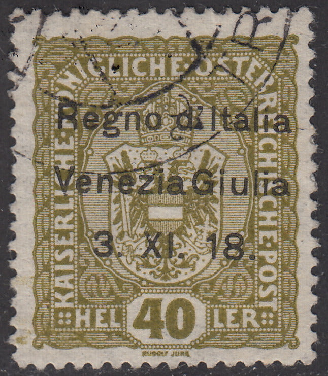 T72 - 1918 - Stamps of Austria overprinted "Kingdom of Italy / Venezia Giulia / 3.XI.18", 40 heller olive used (10)