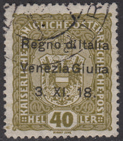 T72 - 1918 - Francobolli d'Austria soprastampati "Regno d'Italia / Venezia Giulia / 3.XI.18", 40 heller oliva usato (10)