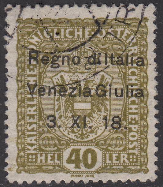 T72 - 1918 - Francobolli d'Austria soprastampati "Regno d'Italia / Venezia Giulia / 3.XI.18", 40 heller oliva usato (10)