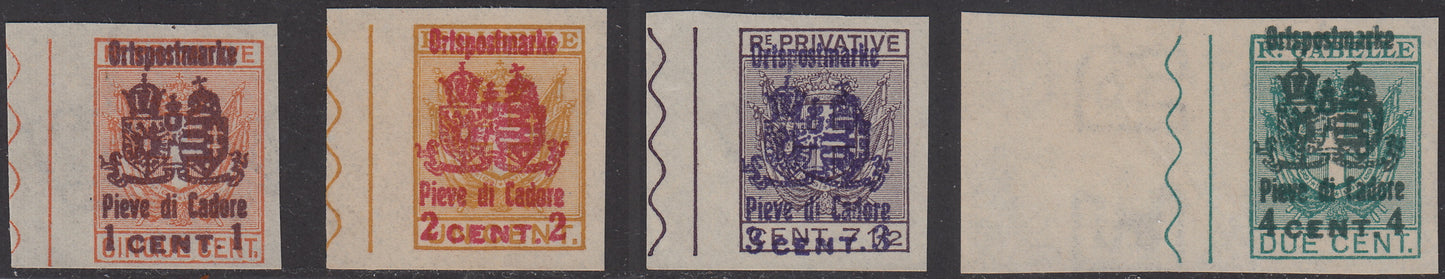 1918 - Austrian occupation of Friuli and Veneto, Authorized Delivery stamps issued for the municipality of PIEVE DI CADORE complete new set (41/44) 