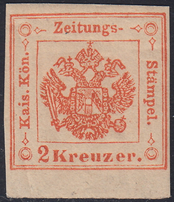 1873 - Segnatasse per Giornali, ristampa ufficiale del 2 kreuzer vermiglio nuova con piena gomma originale integra (R32)