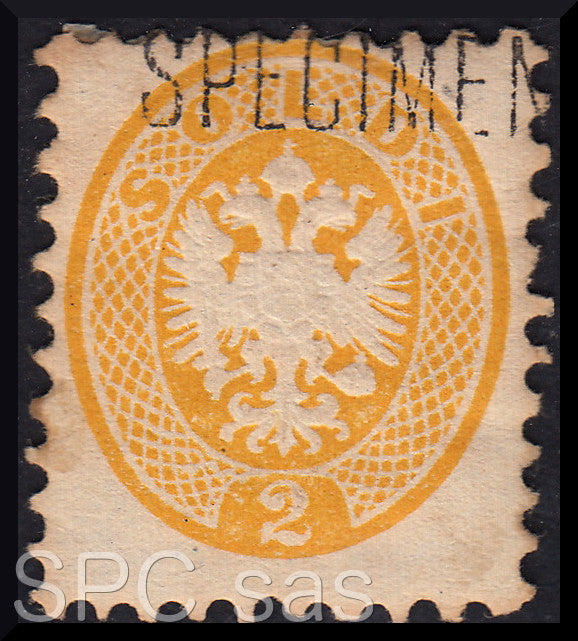 T90 - 1864 - V emissione s. 2 giallo nuovo con gomma originale e dicitura "SPECIMEN", raro e molto interessante! (41, Saggio)