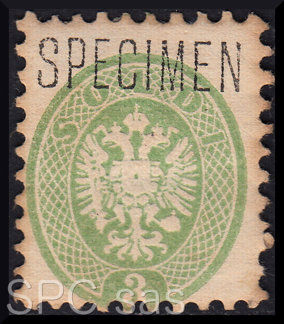 T91 - 1864 - V emissione s. 3 verde nuovo con gomma originale e dicitura "SPECIMEN", raro e molto interessante! (42, Saggio)