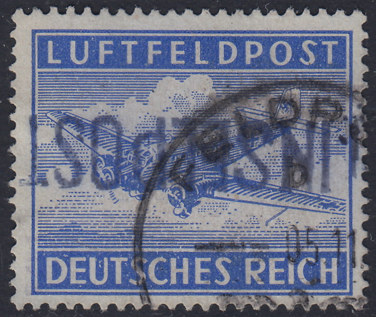 1945 - German occupation of the Aegean, light blue military relief stamp with INSELPOST overprint in violet upside down, used (8a) 