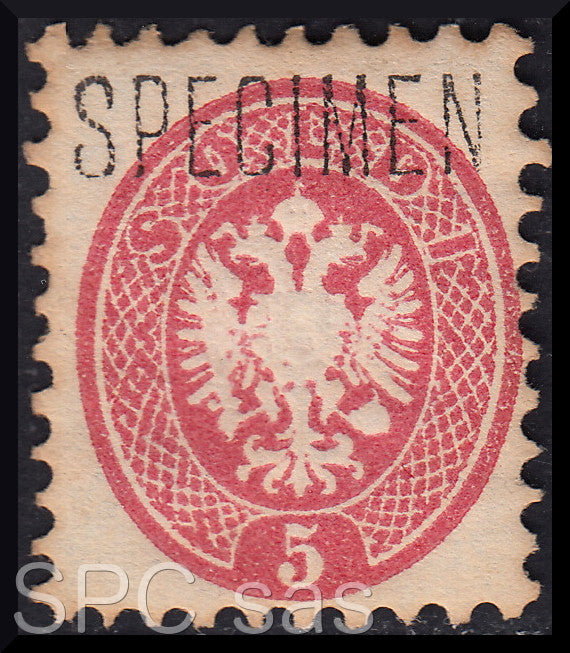 T92 - 1864 - V emissione s. 5 rosa nuovo con gomma originale e dicitura "SPECIMEN", raro e molto interessante! (43, Saggio)