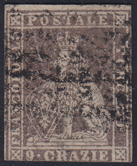 T96 - 1859 - Leone di Marzocco, 9 crazie bruno lillaceo su carta bianca e filigrana linee ondulate usato (16)