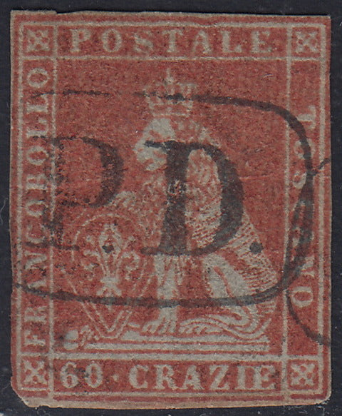T99 - 1851 - Leone di Marzocco, 60 crazie scarlatto cupo su carta grigia e filigrana corona, usato (9)