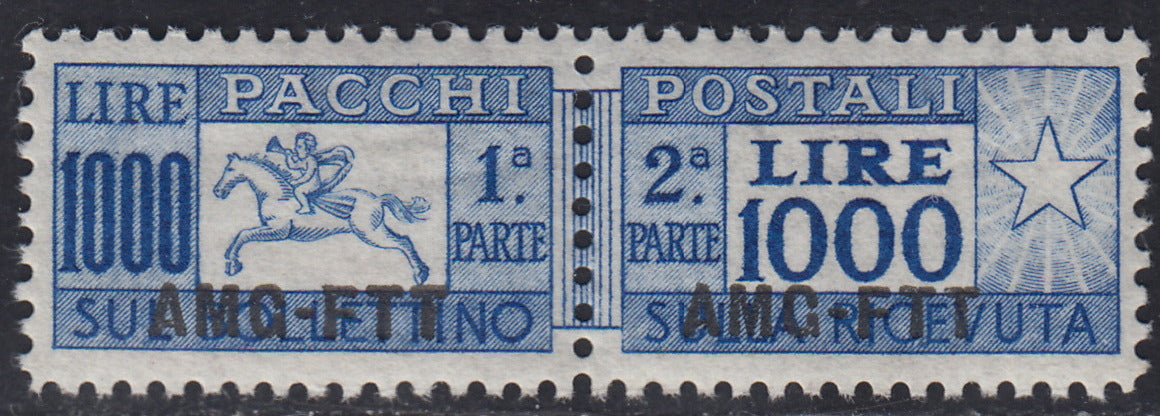 TA8 - Trieste Zona A - 1954 - Pacchi Postali L. 1000 oltremare "Cavallino" soprastampa AMG-FTT dentellatura pettine nuovo con gomma (26)