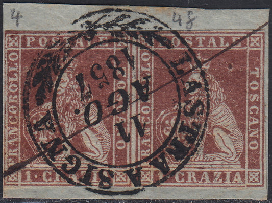 Tos144 - 1851 - Leone di Marzocco, 1 crazia bruno carminio lillaceo su carta grigia e filigrana corona coppia orizzontale usata su frammento con cerchio di LASTRA A SIGNA. (4f).