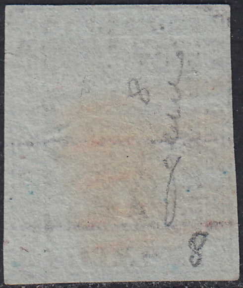 Tos146 - 1851 - Leone di Marzocco, 9 purplish brown crazie on gray paper and crown watermark used with red cancellation (8).