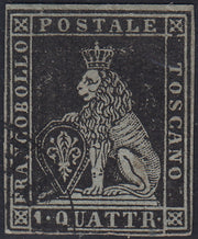 TOS157 - 1851 - Toscana 1 quattrino nero su carta azzurra e filigrana corona usato (1a)