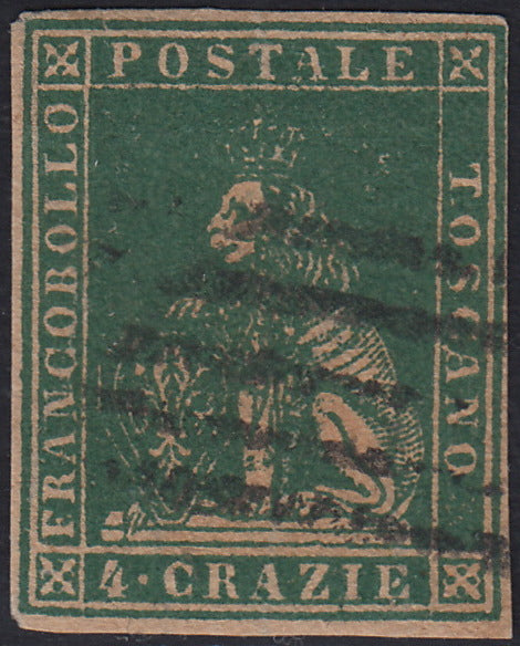 Tos159 - 1857 - Toscana 4 crazie verde su carta bianca e filigrana linee ondulate usato (14)