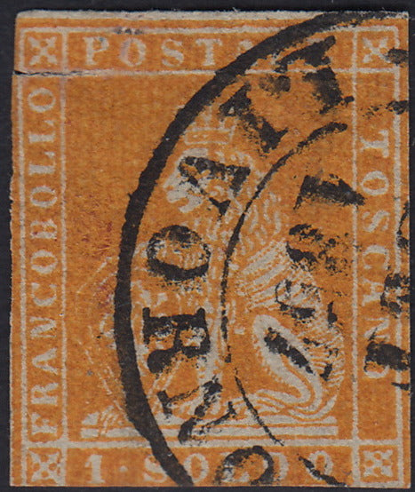 Tos161 - 1851 - Toscana 1 soldo arancio su carta grigia usato con annullo di Livorno (2e)