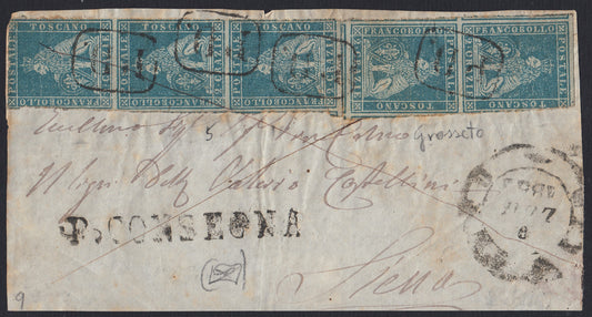 TOSCSP16 - 1854 - Title page of registered letter sent from Grosseto to Siena and franked with 2 light blue crazie on gray paper and crown watermark in multiple of five copies (5). 