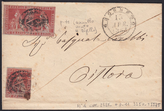 TOSCSP17 - 1854 - Letter stamped with 1cr. light carmine on gray single + pair used with Grosseto seal mute, rare! (4, points 11). 