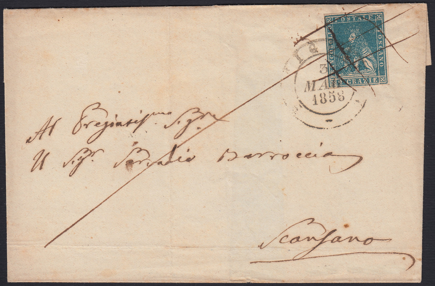 TosSP22 - 1858 - Lettera spedita da Pitigliano per Scansano 3/5/58 affrancata con 2 crazie verde grigio giallastro (13b).