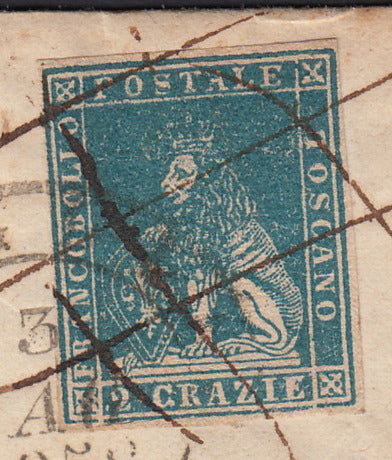 TosSP22 - 1858 - Lettera spedita da Pitigliano per Scansano 3/5/58 affrancata con 2 crazie verde grigio giallastro (13b).