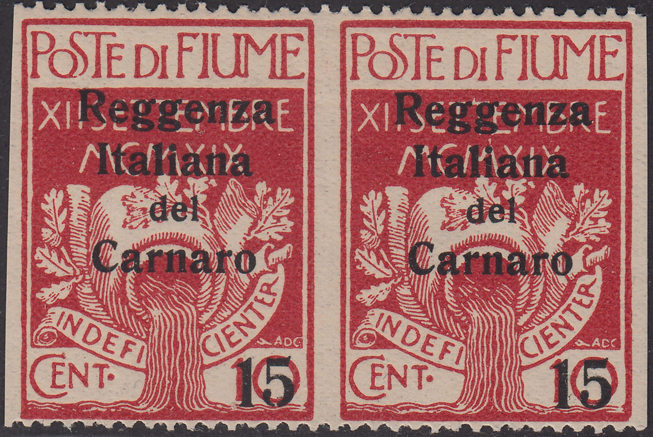 TT32 - 1920 - Legionari di Fiume soprastampati Reggenza Italiana del Carnaro, c. 15 su c. 10 carminio coppia orizzontale non dentelata verticalmente nuova con gomma originale (135y)