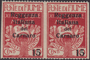 TT32 - 1920 - Legionari di Fiume soprastampati Reggenza Italiana del Carnaro, c. 15 su c. 10 carminio coppia orizzontale non dentelata verticalmente nuova con gomma originale (135y)